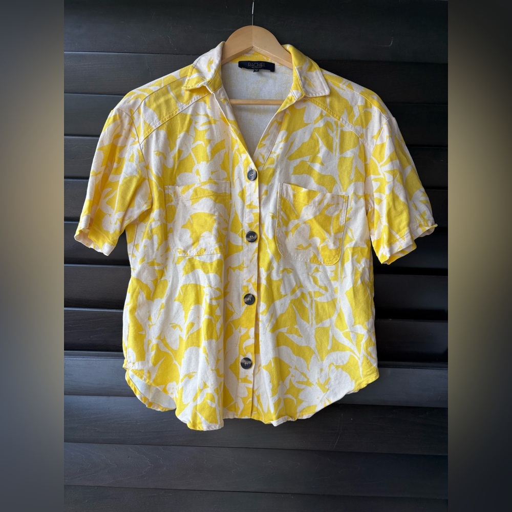 Rachel Roy Small Short Sleeve Yellow Floral Linen Button Down